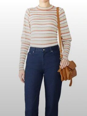 See By Chloe Cream Striped Scoop-Neck Sweater with Rust Accents
